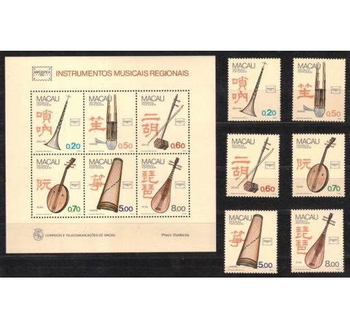 MACAU, Int. Stamp Exhibtion AMERIPEX/Musical Instruments (Set+M/S) 1986 **