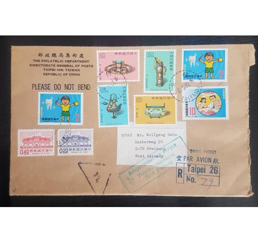 TAIWAN, colourful Franking on registered Air Letter to Germany 1982