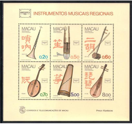 MACAU, Musical Instruments/AMERIPEX M/S 1986 **